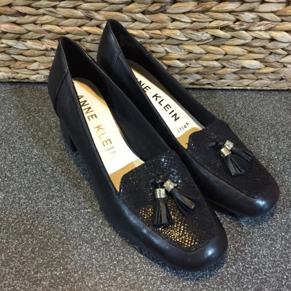 Anne Klein Iflex Black Leather Heeled Loafers with Tassel & Patent Detail